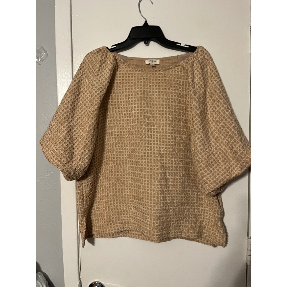 Umgee USA Tan Textured Puff Sleeve Blouse Boat Neck Top B8171 Size M